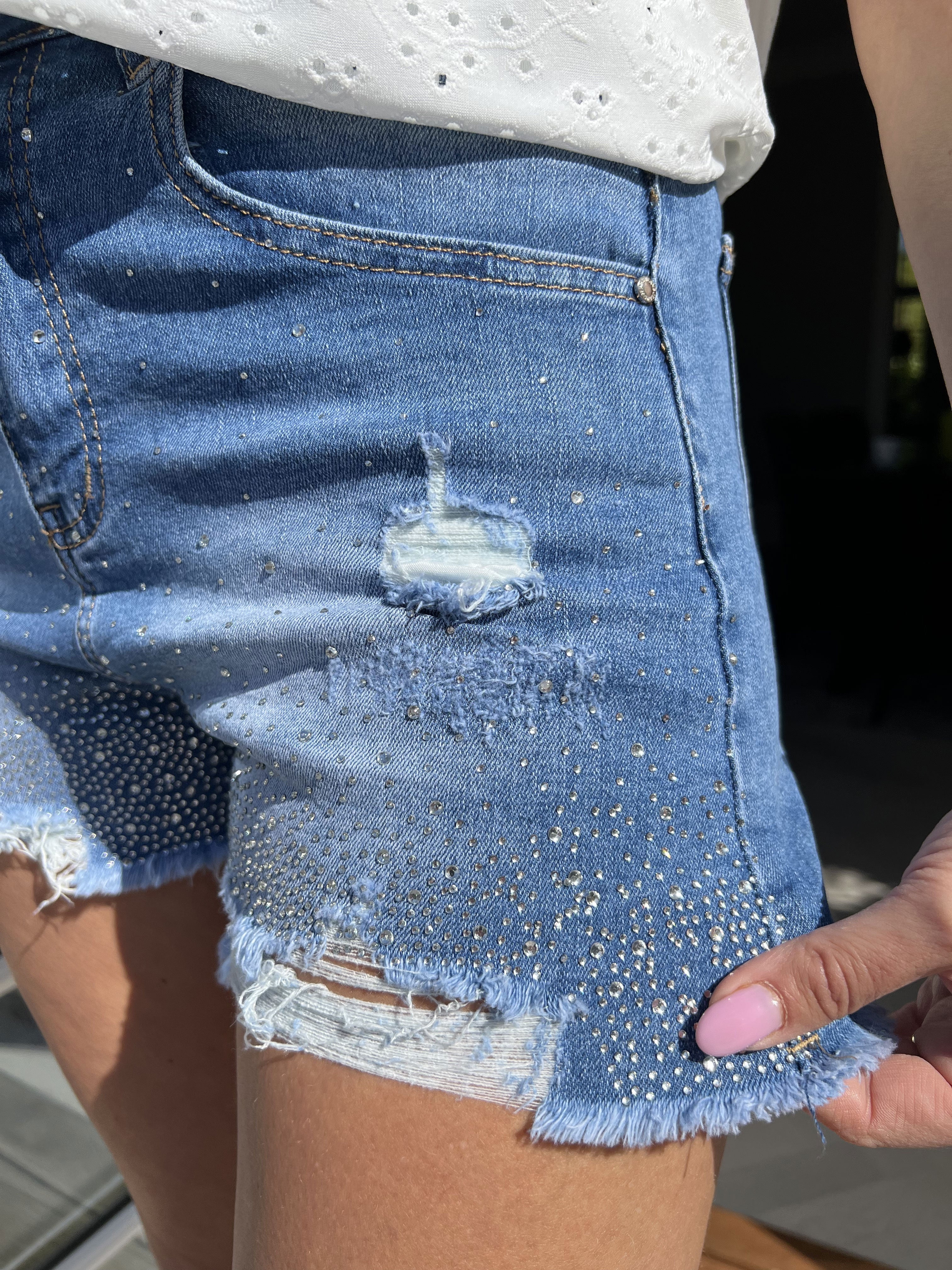 Cassie - Jeansshorts med hög midja och mockakant - Blue